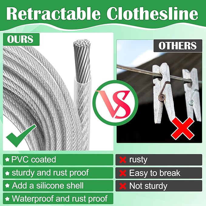 Windspeed 50Ft Retractable Clothesline Outdoor Heavy Duty Travel Clothesline Retractable Clothes Line for Outside Travel Camping Clothes Line, Galvanized Steel Material, with 10 Clips, Storage Bag