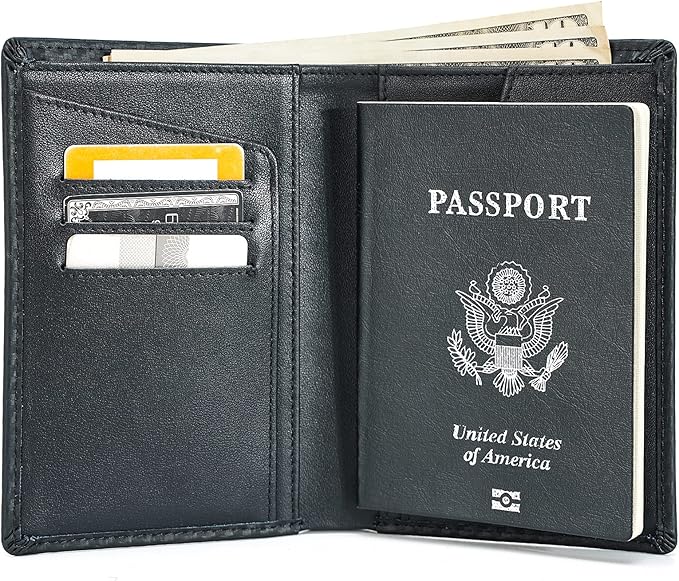Polare Functional RFID Blocking Leather Passport Holder Travel Bifold Wallet For Men (Carbon Black)
