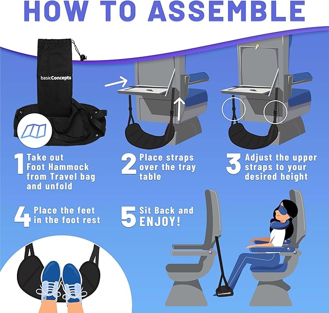 BASIC CONCEPTS Airplane Adjustable Foot Hammock (2 Pack), Perfect or Office Footrest to Relax Your Feet (Memory Foam) - for Travel Accessories, Desk Hammock, Comfy Hanger