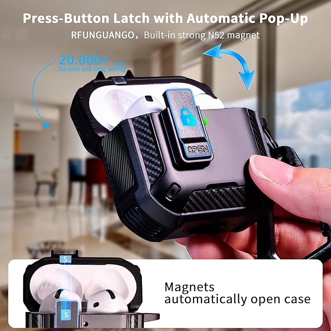 RFUNGUANGO Compatible AirPods 4th Generation Protective Case with Phone Holder and Compatible Back Magnetic Suction Function, Suitable for AirPods 4th Case-Black