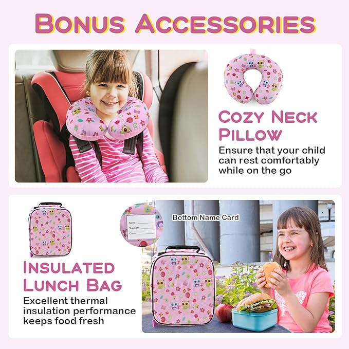 BABY JOY Kids Luggage, 5 Pieces Luggage Set w/ 16" Carry-on Hardshell Spinner Toddler Suitcase, 13" Backpack, Neck Pillow & Insulated Lunch Bag, Travel Kids Rolling Suitcase for Girls Boys (Pink Owl)