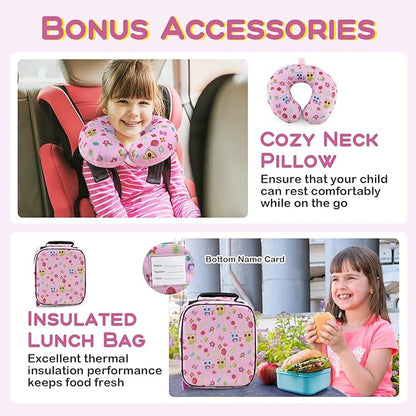 BABY JOY Kids Luggage, 5 Pieces Luggage Set w/ 16" Carry-on Hardshell Spinner Toddler Suitcase, 13" Backpack, Neck Pillow & Insulated Lunch Bag, Travel Kids Rolling Suitcase for Girls Boys (Pink Owl)