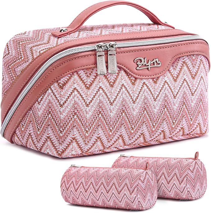 BOYATU Travel Makeup Bag for Women: Western Boho Make up Bag Set of 3 - Large Capacity Vegan Leather Cosmetic Bag - Waterproof Toiletry Bag with Compartments & Handle & Divider(J-5-Red)