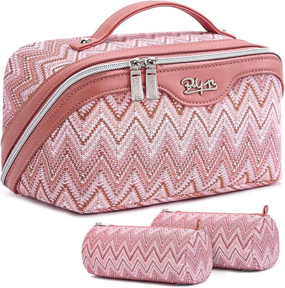 BOYATU Travel Makeup Bag for Women: Western Boho Make up Bag Set of 3 - Large Capacity Vegan Leather Cosmetic Bag - Waterproof Toiletry Bag with Compartments & Handle & Divider(J-5-Red)