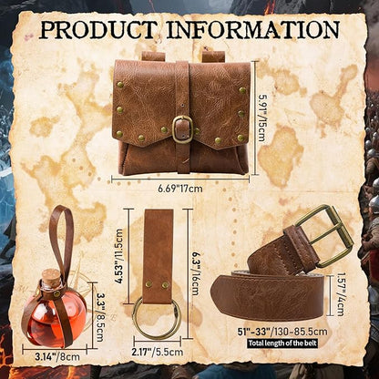 Renaissance Belt Pouch Viking Leather Medieval Belt Waist Bag Pirate Cosplay Festival Halloween Adjustable Accessories (Bottles-Brown)