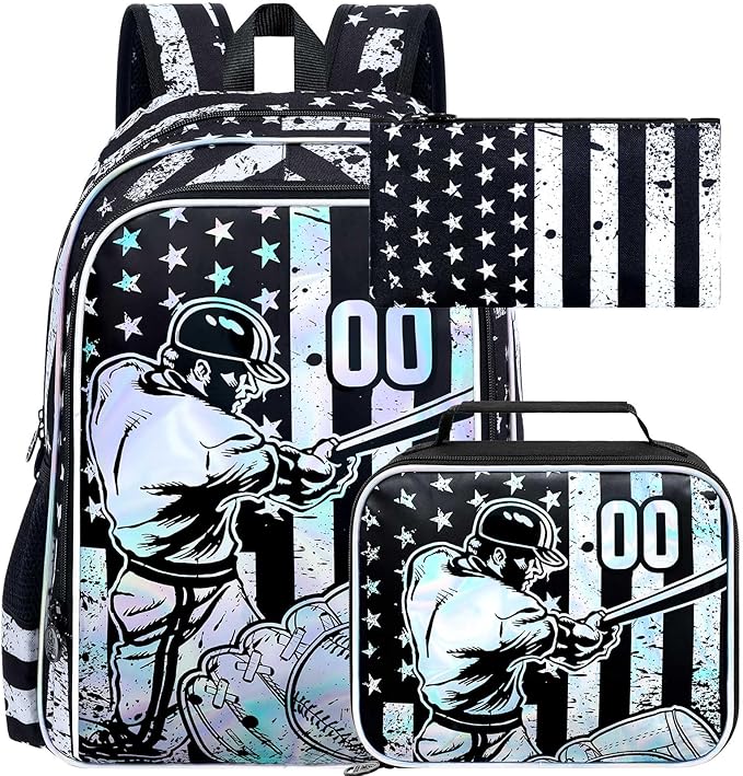 WZLVO 3PCS Boys Baseball Backpack Set, 17" Cool UV Printing Kids Bookbag/School Bag with Lunch Box & Pencil Bag for Elementary to Middle - Star-Spangled Baseball
