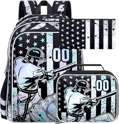 WZLVO 3PCS Boys Baseball Backpack Set, 17" Cool UV Printing Kids Bookbag/School Bag with Lunch Box & Pencil Bag for Elementary to Middle - Star-Spangled Baseball