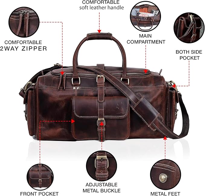 Leather Duffle Bag for Men, Overnight 21 Inch Weekender Duffel Gym Bag, Full Grain Leather Travel Carry-On Bag, Ideal for Sports, Airplane Luggage by Leather Farm