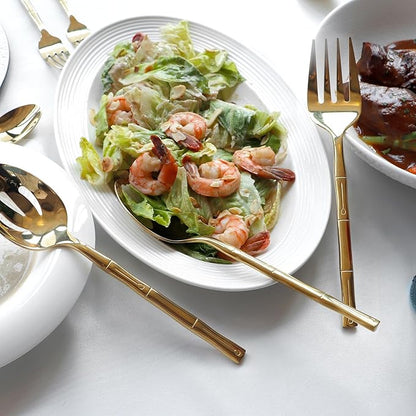 Silverware Serving Set Gold Flatware Set Stainless Steel Bamboo Handle Cutlery Set Mirror Polished 65 Pieces for Home Kitchen Restaurant Hotel Wedding Housewarming Gift Service for 12