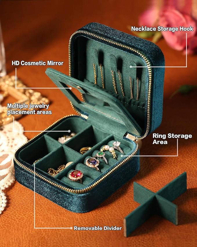 Travel Jewelry Case – Navy Blue Velvet Organizer Adjustable Compartments for Necklaces, Rings | Portable Luxury Travel Jewelry Box for Women, Gift-Worthy Design