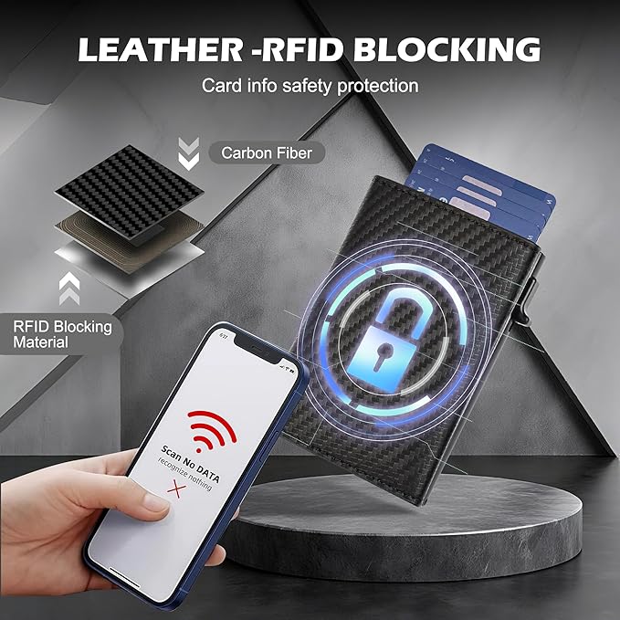 Card Wallet for Men,Slim Minimalist Wallet 10-14 Cards,Smart Pop Up Wallets with Money Clip& ID Window,RFID Front Pocket Credit Card Holder, Gifts for Men（Carbon Fiber）