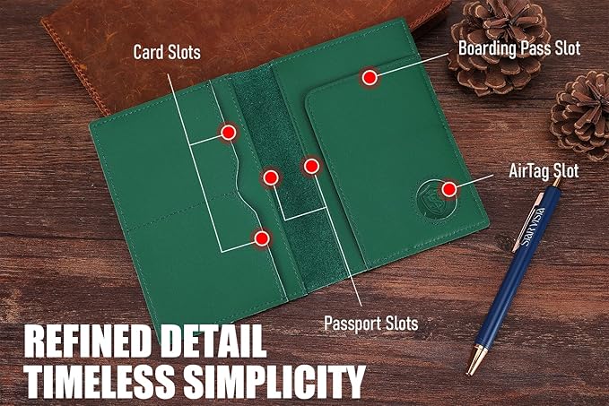 STAR VISTA Albatross Leather Travel Passport Holder, Minimalist Design, Calfskin Leather Case for Women and Men - Slim Passport Wallet, Bifold, RFID Blocking, with AirTag Holder, Green