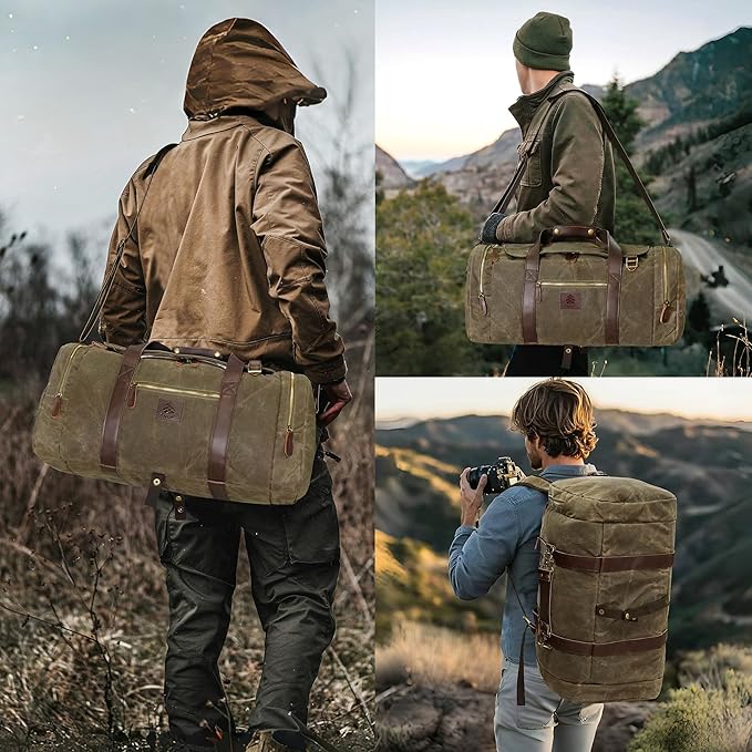 Duffle Bag for Travel, 50L Waxed Canvas Duffle Bag Vintage Travel Bag Overnight Bag with Shoes Compartment Men (Vintage Grey, Large-50L)