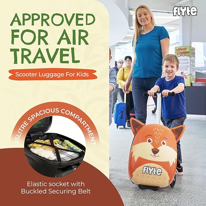 Flyte Frazer the Fox Scooter Suitcase - Rideable, Carry on Compliant 2-in-1 Children's Suitcases, 18 inch Ride on Suitcase for Kids, 25 Litre Capacity Kids' Luggage on Wheels for Children Aged 4+
