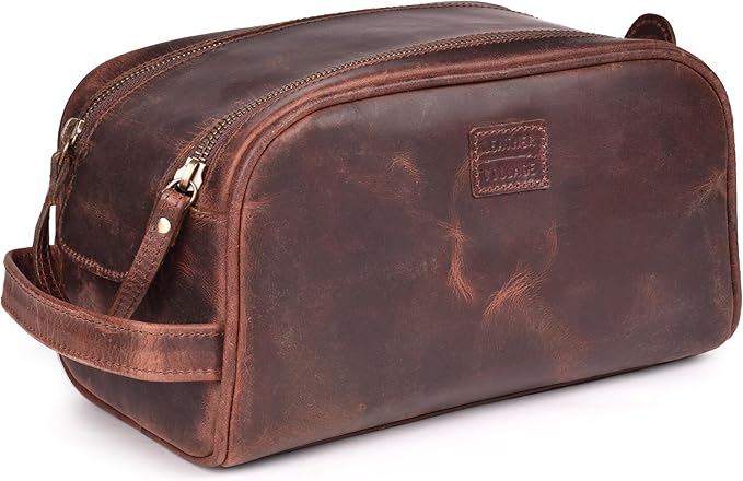 LEATHER VILLAGE Premium Leather Toiletry Travel Pouch With Waterproof Lining - Mulberry Brown | King-Size Handcrafted Vintage Dopp Kit Bag, Shaving & Bathroom Organizer, Gift for Men & Women