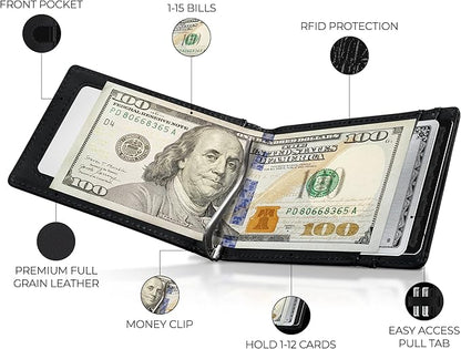 Kingly Cash Clip Slim Leather Wallet for Men with RFID Blocking & Money Clip - Minimalist Front Pocket Bifold Wallet Holds 12 Cards - Secure Card Holder with Easy Access Pull Tab