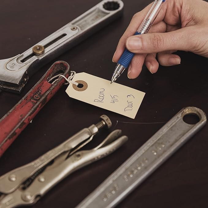 100 Small Manila Paper Tags with String - #1, 2 3/4” x 1 3/8” - Hang Shipping Labels with String Attached and Reinforced Hole, Pre-Strung Tags