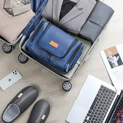 MIRASON Hanging Toiletry Bag for Men PVC Leather Dopp Kit Waterproof Travel Organizer Bag with Sturdy Metal Hook and Handle for Bathroom Shower Cosmetics Camping Brushes Shaving (Blue)