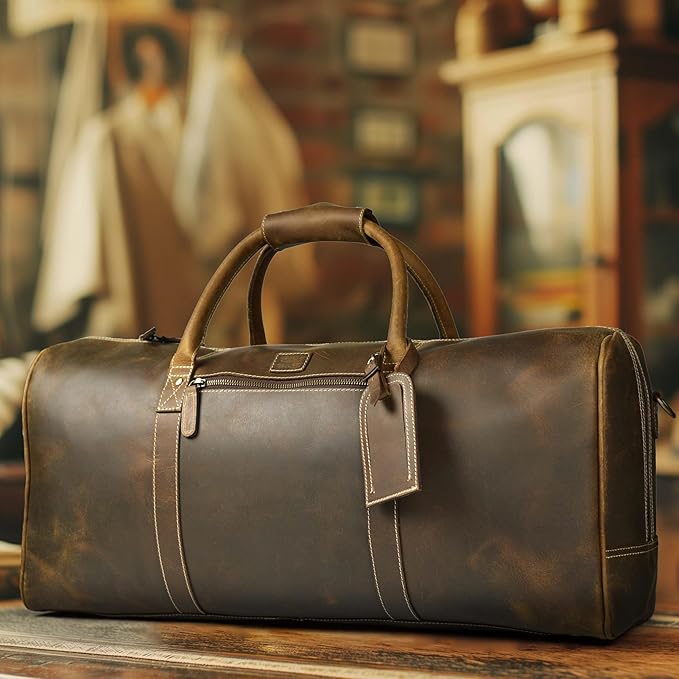 Leather Village Leather Duffel Bags for Men & Women-Stylish Travel Weekender Carry-On Sports Gym Overnight Luggage Bag - 20 Inch - Olive/Army Green