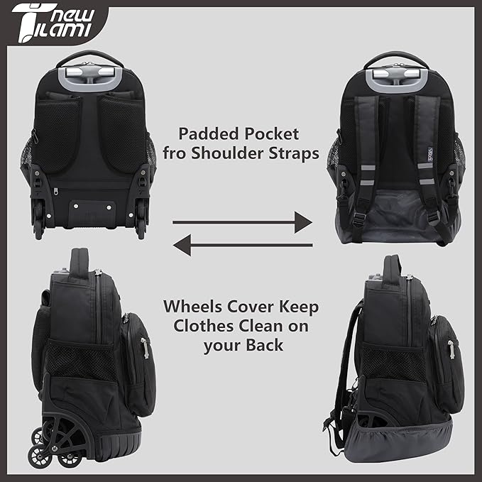 NEW TILAMI Rolling Backpack 16 Inch Wheeled Laptop Backpack with Wheels for Girls Boys School, Black