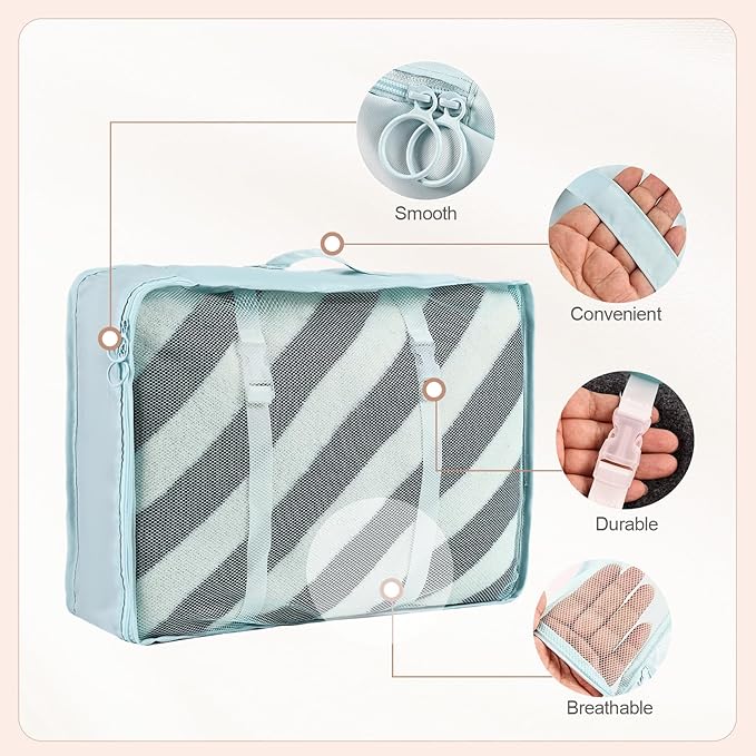 8 Set Compression Packing Cubes for Travel Essentials,Suitcase Organizer Bags, Carry-On Luggage Accessories with Laundry & Toiletry Bag, Road Trip & Camp Gifts for Men and women(blue)