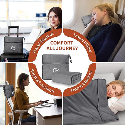 Tirrinia Soft Travel Blanket Pillow, 3-in-1 Foldable Airplane Throw Blanket, Long Flight Essentials, Car Pillow, Lightweight Travel Accessories