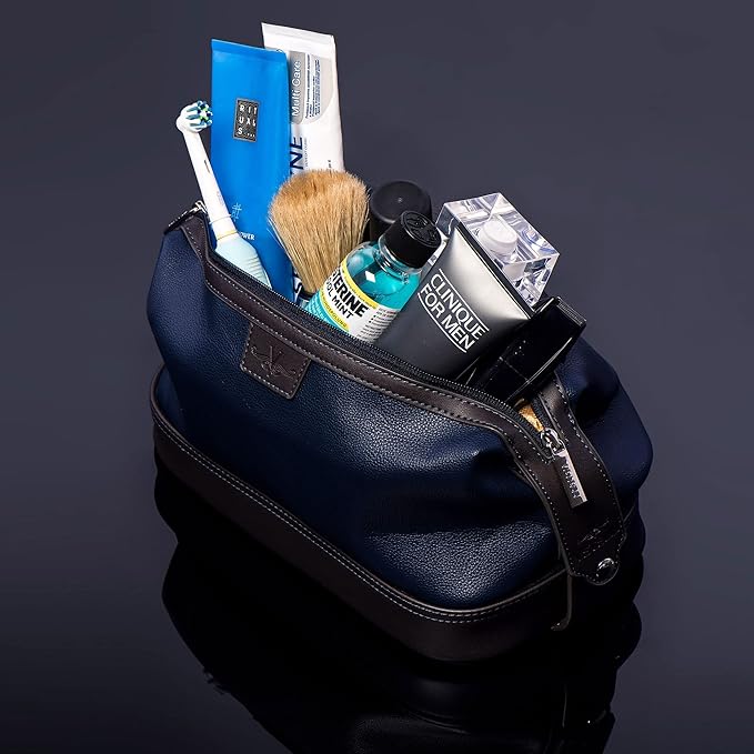 Vetell Leo Large Leather Men's Travel Toiletry and Shaving Case Bag with Upper and Lower Zippered Compartments, 3 Interior Loops and Carrying Handles