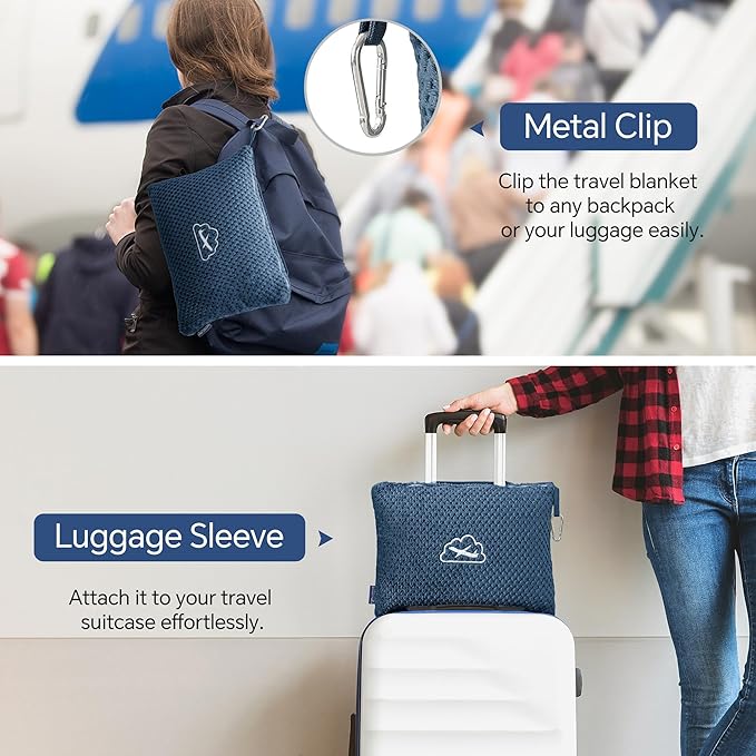BEDELITE Travel Blanket with Bag, Ultra-Soft Jacquard Fleece Blanket with Luggage Sleeve & Backpack Clip, Airplane Blanket Travel Essentials, Navy