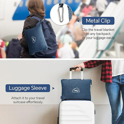 BEDELITE Travel Blanket with Bag, Ultra-Soft Jacquard Fleece Blanket with Luggage Sleeve & Backpack Clip, Airplane Blanket Travel Essentials, Navy