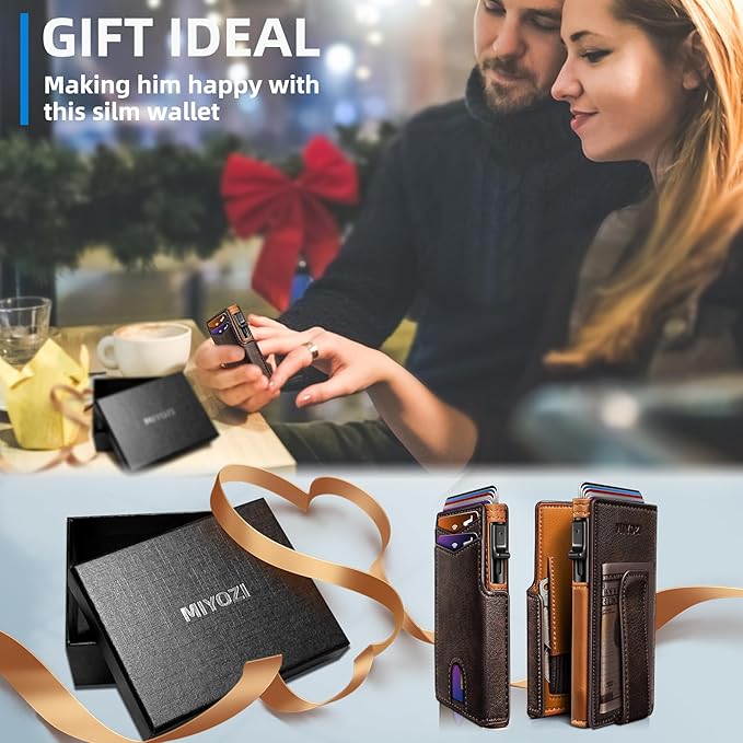Wallet for Men with Money Clip Coins Pocket ID Window Gift Boxed,Slim Smart Front Pocket RFID Blocking Wallet Pop-up Card Holder in Magnetic Leather Flip 3.9"x 2.7"