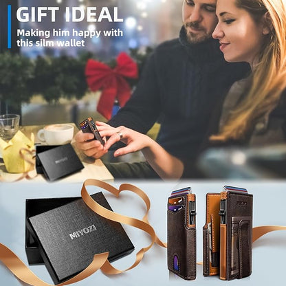Wallet for Men with Money Clip Coins Pocket ID Window Gift Boxed,Slim Smart Front Pocket RFID Blocking Wallet Pop-up Card Holder in Magnetic Leather Flip 3.9"x 2.7"
