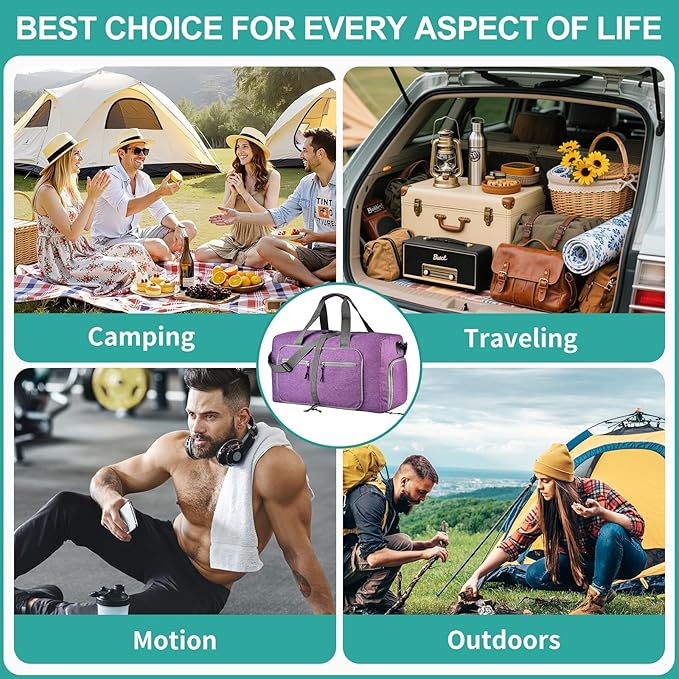 Dimayar 65L Travel Duffle Bag for Men Women - Foldable Duffel Bag with Shoes Compartment - Overnight Bags Waterproof & Tear Resistant(Purple)