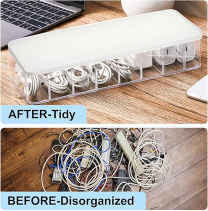 Tatuo 2 Pcs Cable Organizer Box with Wire Ties, Plastic Cord Storage Box with Lid, Electronics Organizer for Home Office Desk Organizers and Accessories (Clear,White)