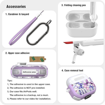 WENEW Case for AirPods 3 Case Cover Secure Lock Automatic Snap Switch Clip Cleaner Kit Lanyard Women Stylish Flower Armour Hard Shell Full Body Front LED Visible (Purple Butterfly, AirPods 3rd)