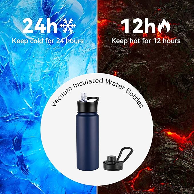 24oz Insulated Water Bottle with Straw Lid, Stainless Steel Metal Water Bottle with Straw & Wide Mouth Lid, Double Wall Vacuum Water Bottle for Hiking Camping, Navy 1 Pack