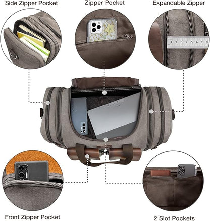 Wildroad 60L Travel Duffel Bag, Expandable Canvas Genuine Leather Duffle Bag Upgraded Overnight Weekender Bag Carry on Bag