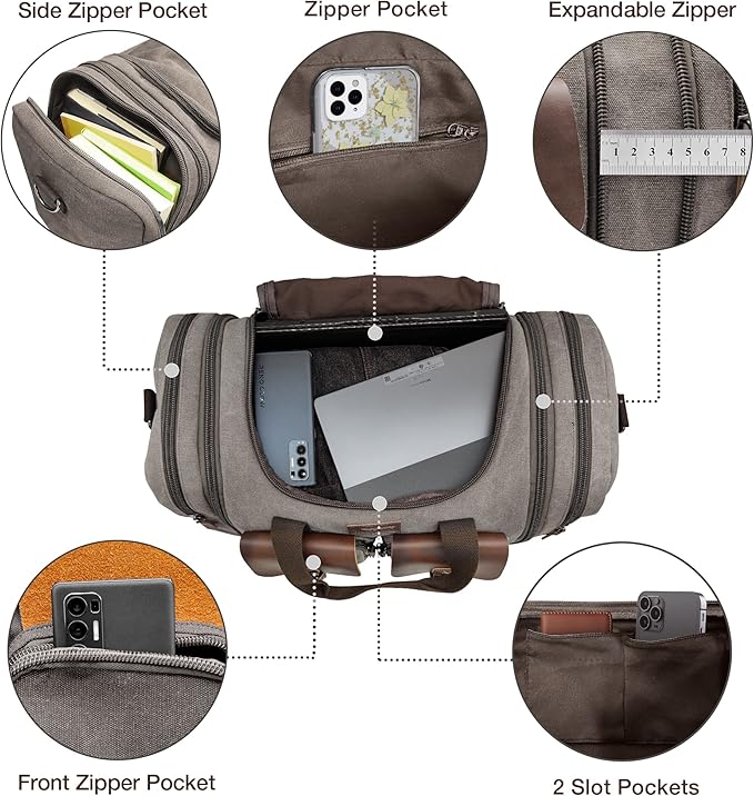 Wildroad 50L Travel Duffel Bag, Expandable Canvas Genuine Leather Duffle Bag Upgraded Overnight Weekender Carry on Bag