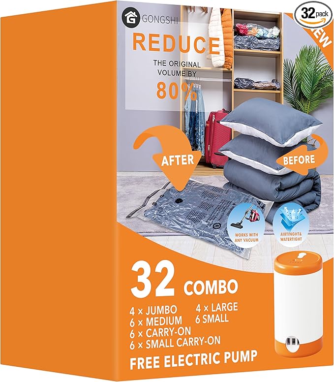 32 Pack Vacuum Storage Bags with Electric Pump Space Saver Bag for Clothes, Mattress, Blanket, Duvets, Pillows, Comforters,Travel