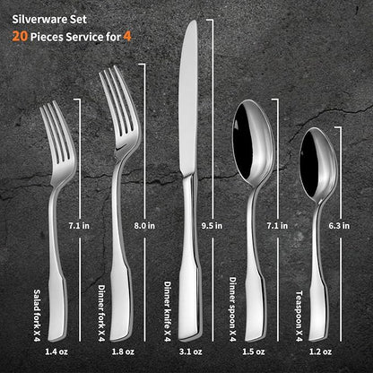 Alata Kate 20-Piece Silverware Set Stainless Steel Flatware Set,Service for 4,Mirror Polished Cutlery Set,Dishwasher Safe
