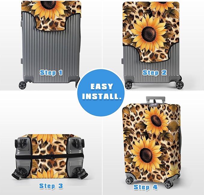 Luggage Cover Protector for 26-28 Inch Suitcases, TSA Approved Elastic Travel Suitcase Covers, Anti-Scratch Washable Luggage Sleeve for Carry On & Checked Bags, Leopard Sunflower