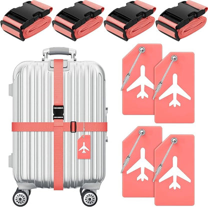 Weewooday 8 Pcs Luggage Straps Suitcase Tags Set for TSA Approved, 4 Travel Adjustable Suitcase Belt, 4 Silicone Luggage Tags with Name ID Card Travel Accessories(Dark Pink,Airplane)