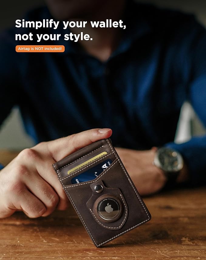 SERMAN BRANDS AirTag Wallet - RFID Blocking Mens Minimalist Money Clip Wallet for Airtag - Full Grain Leather - Slim Bifold. Front Pocket for Air tag Wallets for men. Gift (Texas Brown Air)