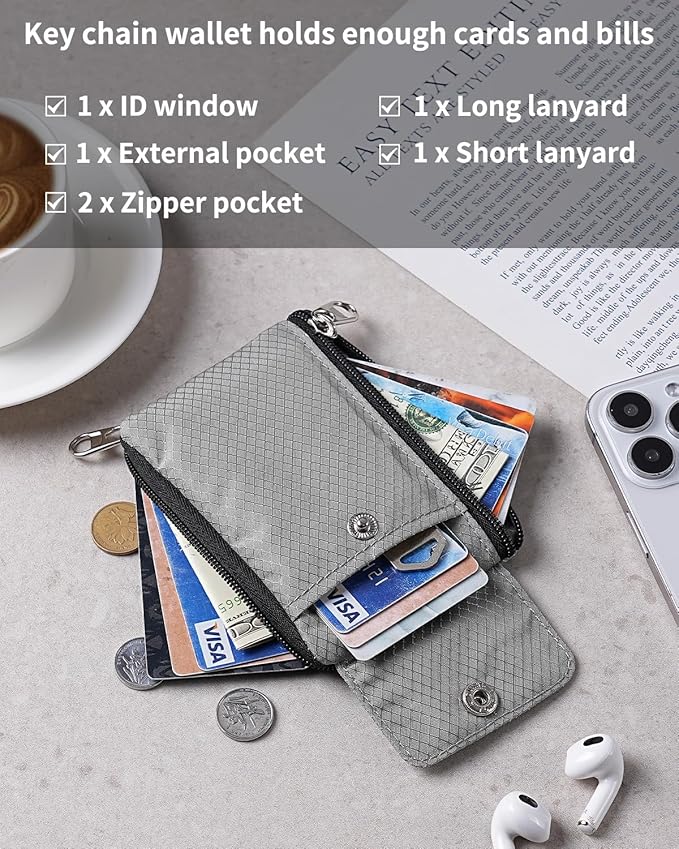 Minimalist Wallet For Mens Womens, Keychain RFID Blocking Zipper Small Wallet with ID Window 2 Lanyards,Water Resistant Travel Cash Card Coin Case Boys Girls