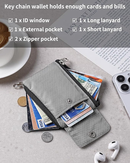 Minimalist Wallet For Mens Womens, Keychain RFID Blocking Zipper Small Wallet with ID Window 2 Lanyards,Water Resistant Travel Cash Card Coin Case Boys Girls