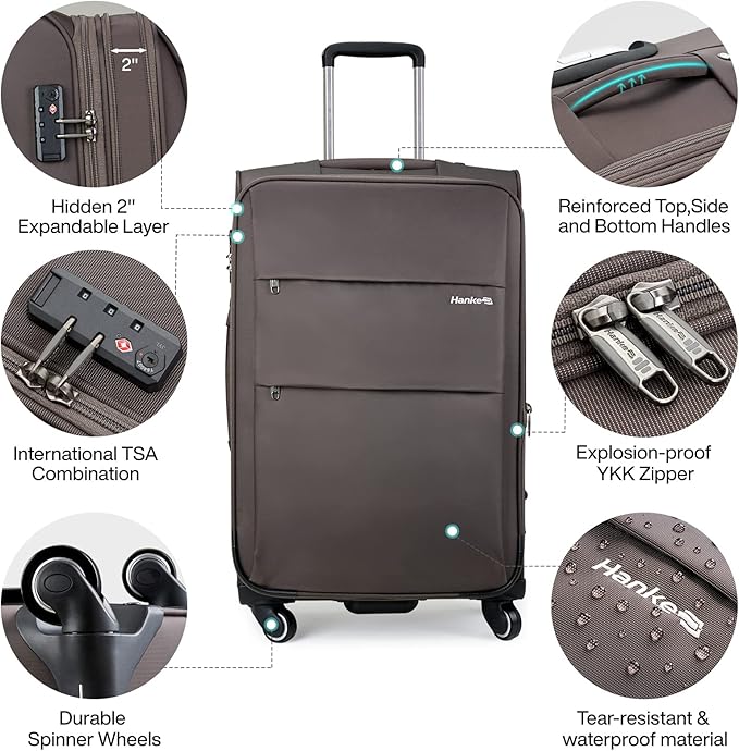 Hanke 24 Inch Expandable Luggage Large Suitcases with Wheels Softside Checked Luggage Rolling Suitcase with Lock Lightweight Travel Luggage for Men and Women 24 Inch Luggage.(Coffee)
