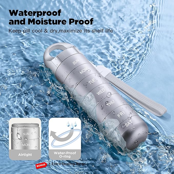 Zannaki Metal Travel Pill Organizer, Portable Waterproof Weekly Pill Box, Large Aluminum Alloy Pill Case Container, BPA Free 7 Day Daily Medicine Organizer Holder for Vitamin, Fish Oil, Supplement