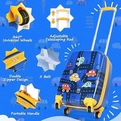 KOTEK Kids Carry On Luggage Set, 18" Hardside Rolling Suitcase with Spinner Wheels, Travel Rolling Luggage for Boys Girls (Car)…