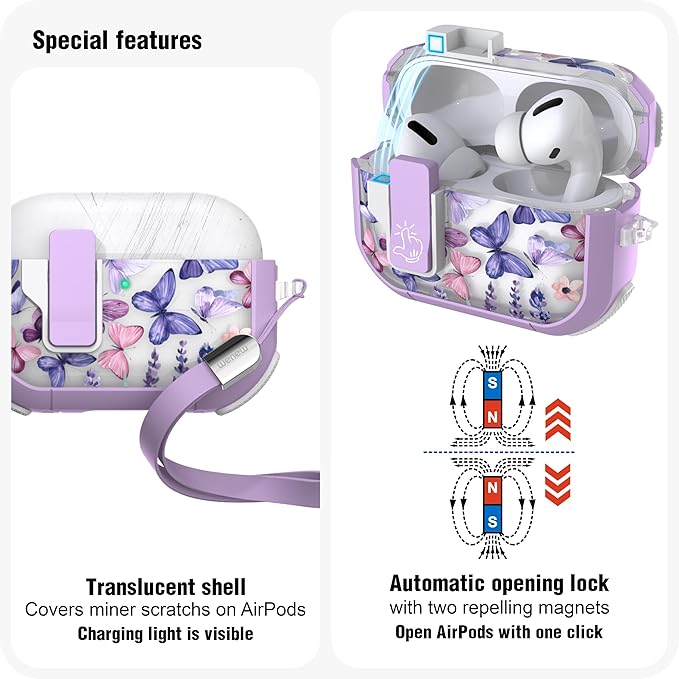 WENEW Case for AirPods Pro & Pro 2 Case Cover Secure Lock Automatic Snap Switch Clip Cleaner Kit Lanyard Women Stylish Hard Shell Full Body Front LED Visible (Purple Butterfly, AirPods Pro & Pro 2)