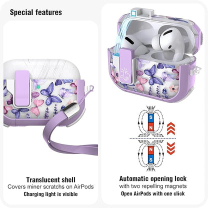 WENEW Case for AirPods Pro & Pro 2 Case Cover Secure Lock Automatic Snap Switch Clip Cleaner Kit Lanyard Women Stylish Hard Shell Full Body Front LED Visible (Purple Butterfly, AirPods Pro & Pro 2)