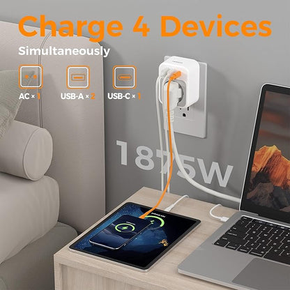 TESSAN EU to US Plug Adapter, European Travel Adaptor with 1 AC Outlet and 3 USB Ports(1 USB C), Most of Europe Germany France Korea Greece Type C/E/F Plugs to US Power Adapter